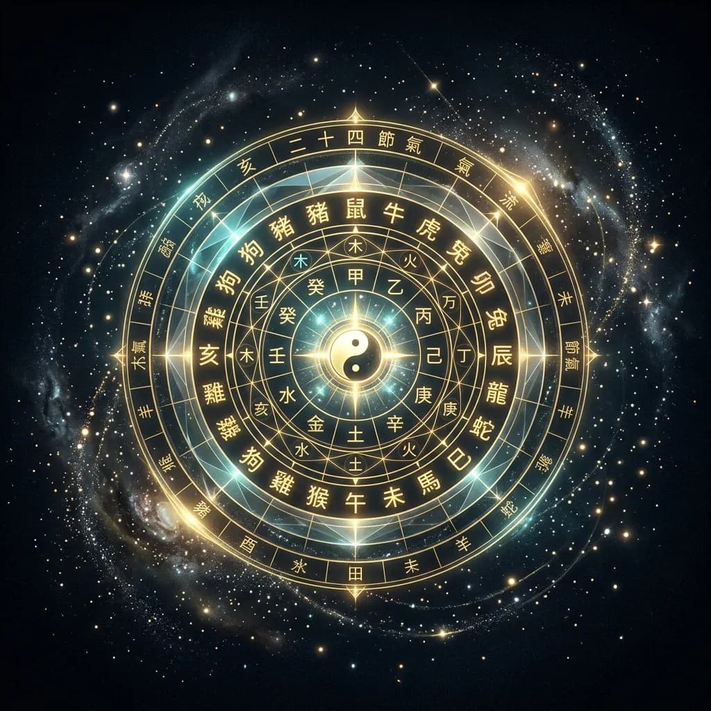 Celestial BaZi Compass showing glowing gold astrological symbols